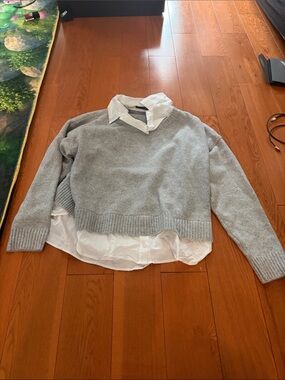 Primark Gray Crewneck Sweater with White Shirt Hem Detail